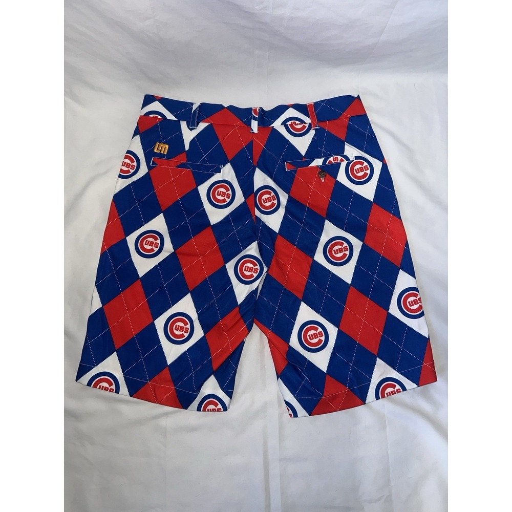LOUDMOUTH CHICAGO CUBS GOLF SHORTS NWT MLB BASEBALL BLUE RED ARGYLE COTTON 34 - Picture 5 of 6